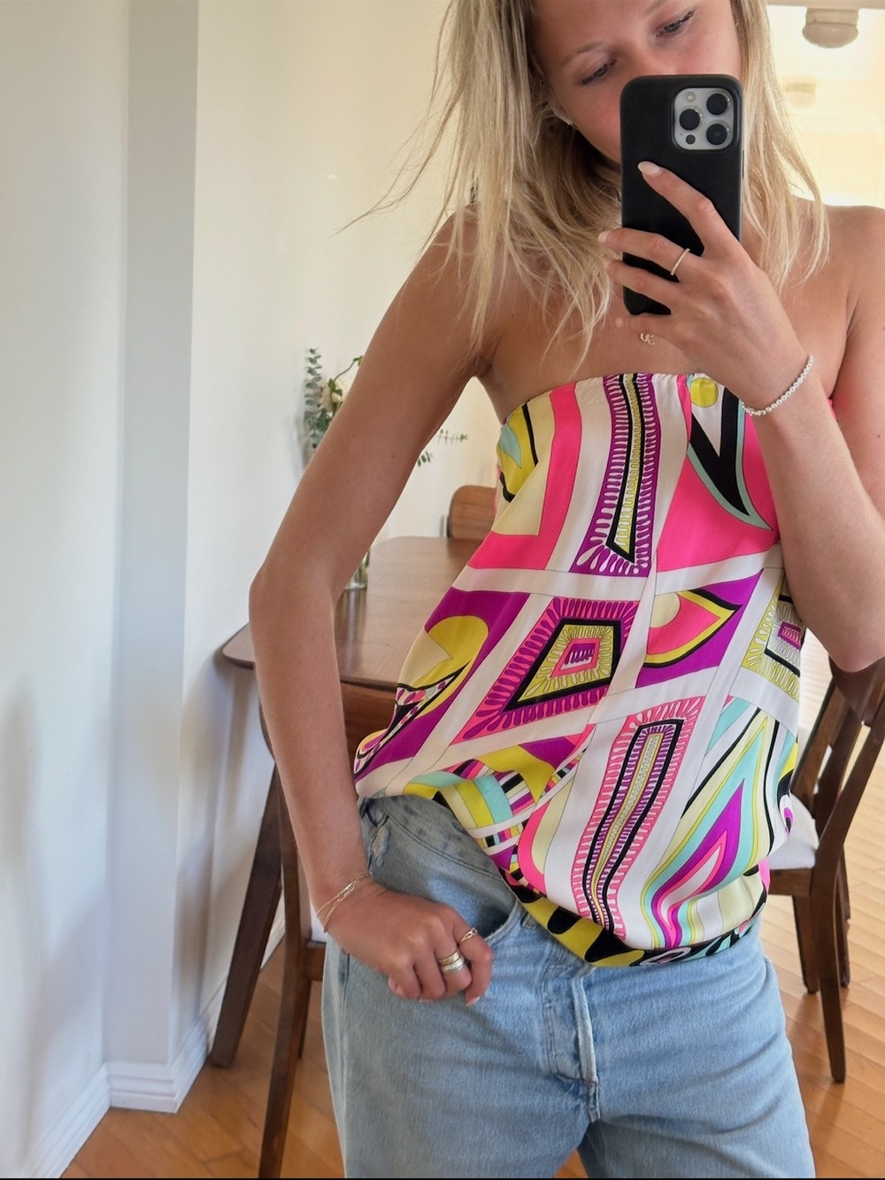 Emilio Pucci Strapless Multicolor Geometric Camisole — Pink, Yellow, Aqua
